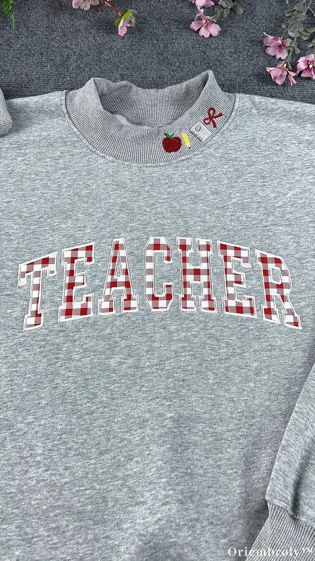 Teacher Gingham Plaid Varsity Applique Mock-Neck Sweatshirt