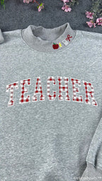 Teacher Gingham Plaid Varsity Applique Mock-Neck Sweatshirt