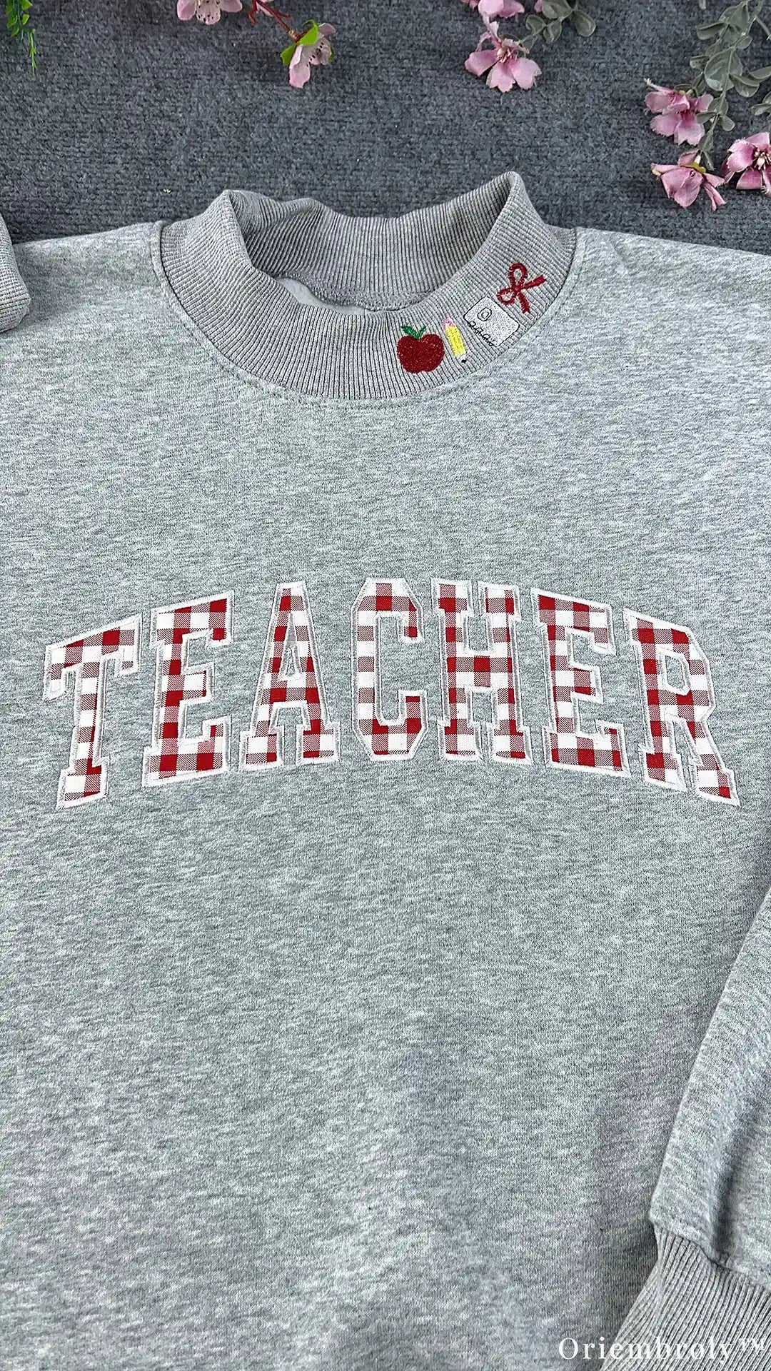 Teacher Gingham Plaid Varsity Applique Mock-Neck Sweatshirt