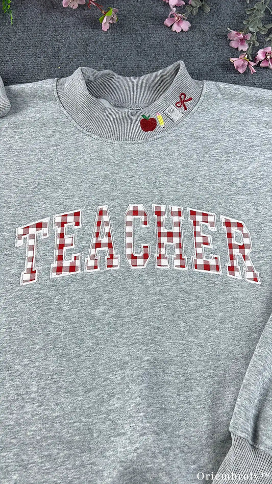Teacher Gingham Plaid Varsity Applique Mock-Neck Sweatshirt
