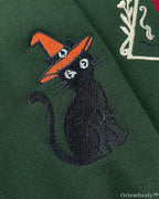Halloween Embroidered Crewneck Sweatshirt Vintage Witch-Inspired Chest & Sleeve Design Unisex Oversized Pullover