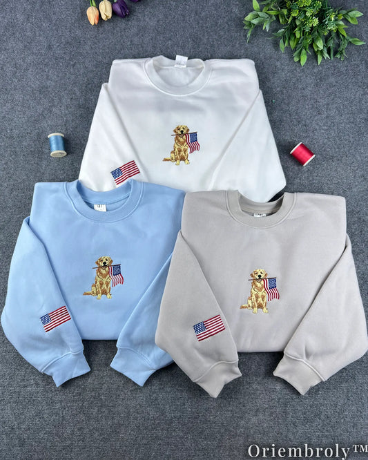 Golden Retriever American Flag Embroidered Sweatshirt – Patriotic Vintage Crewneck