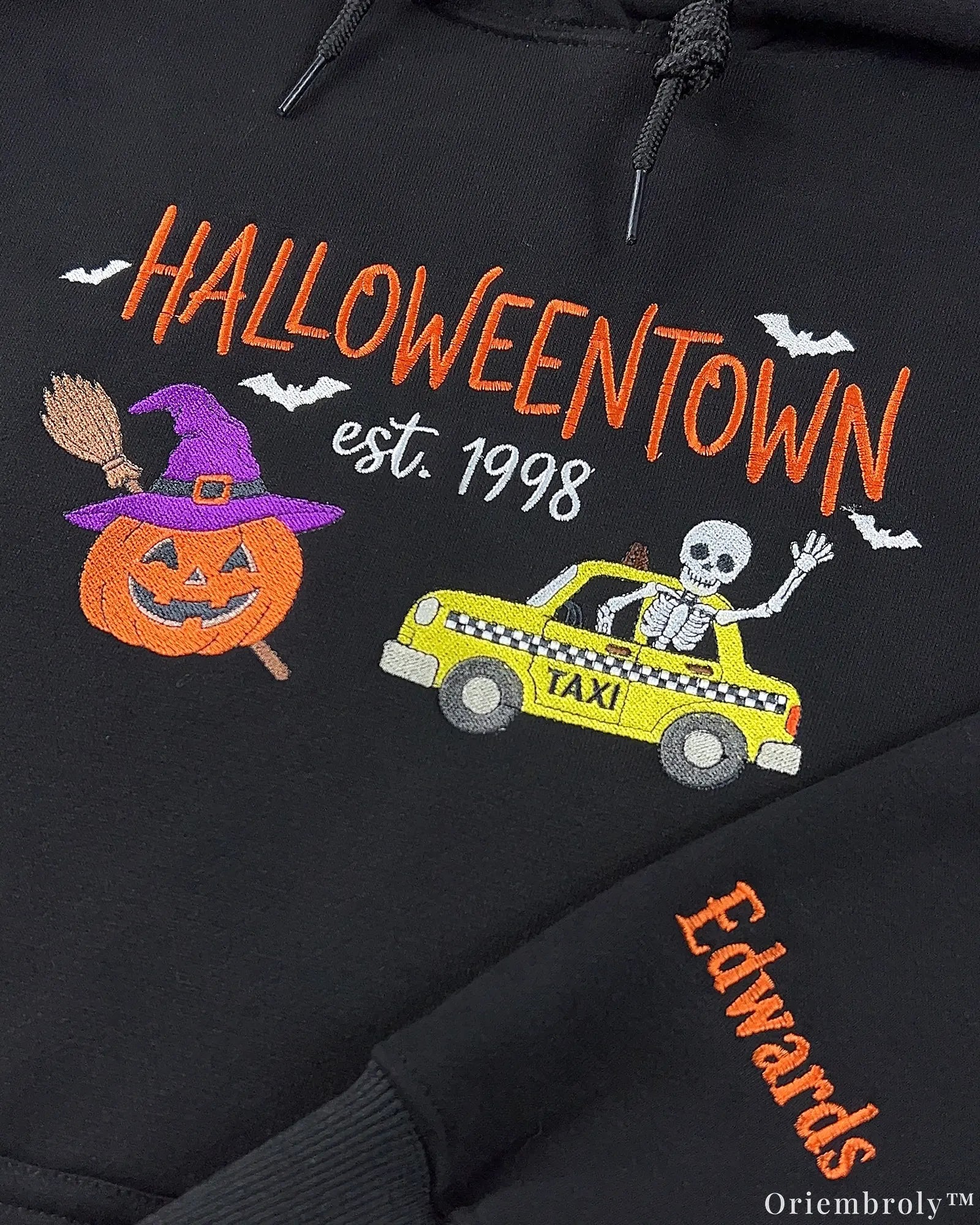 Personalized Halloween Embroidered Hoodie with Spooky Skeleton Taxi & Custom Name