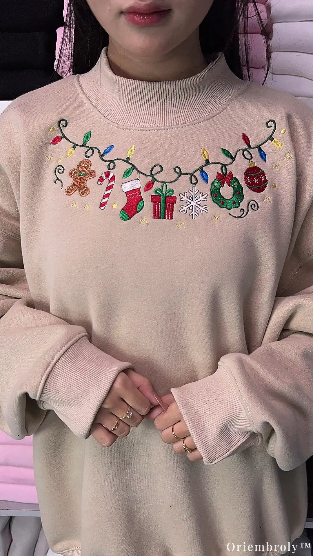 Christmas Garland Holiday Icons Embroidered Mock-Neck Sweatshirt