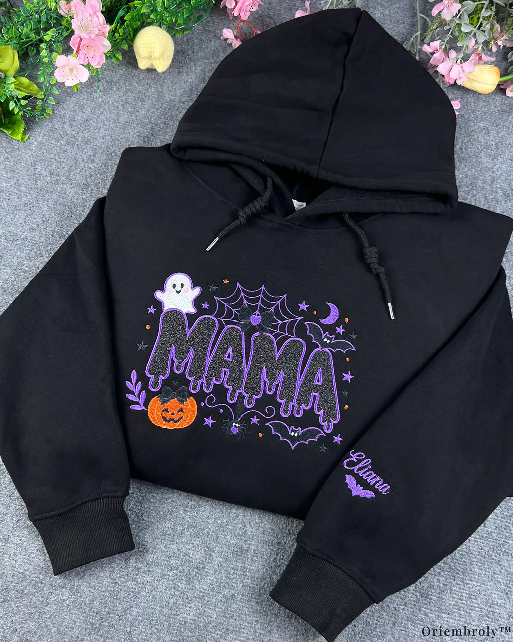 Spooky Dripping Mama Ghost Pumpkin Embroidered Black Pullover Hoodie