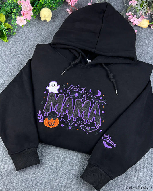 Spooky Dripping Mama Ghost Pumpkin Embroidered Black Pullover Hoodie