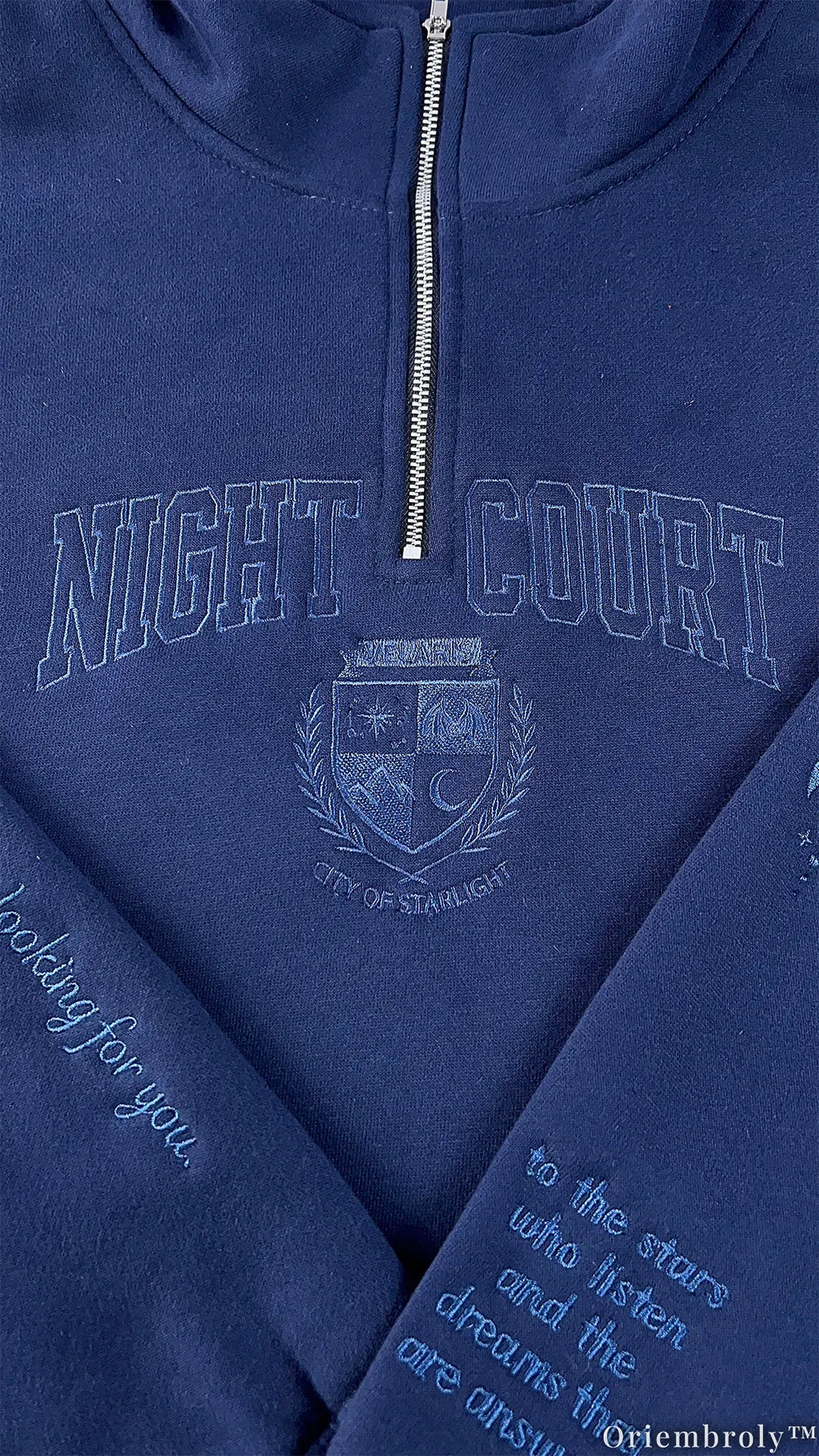 Tone-on-Tone Embroidered Quarter Zip Sweatshirt, Matching Crest & Moon Sleeve Detail, Fantasy Inspired Pullover