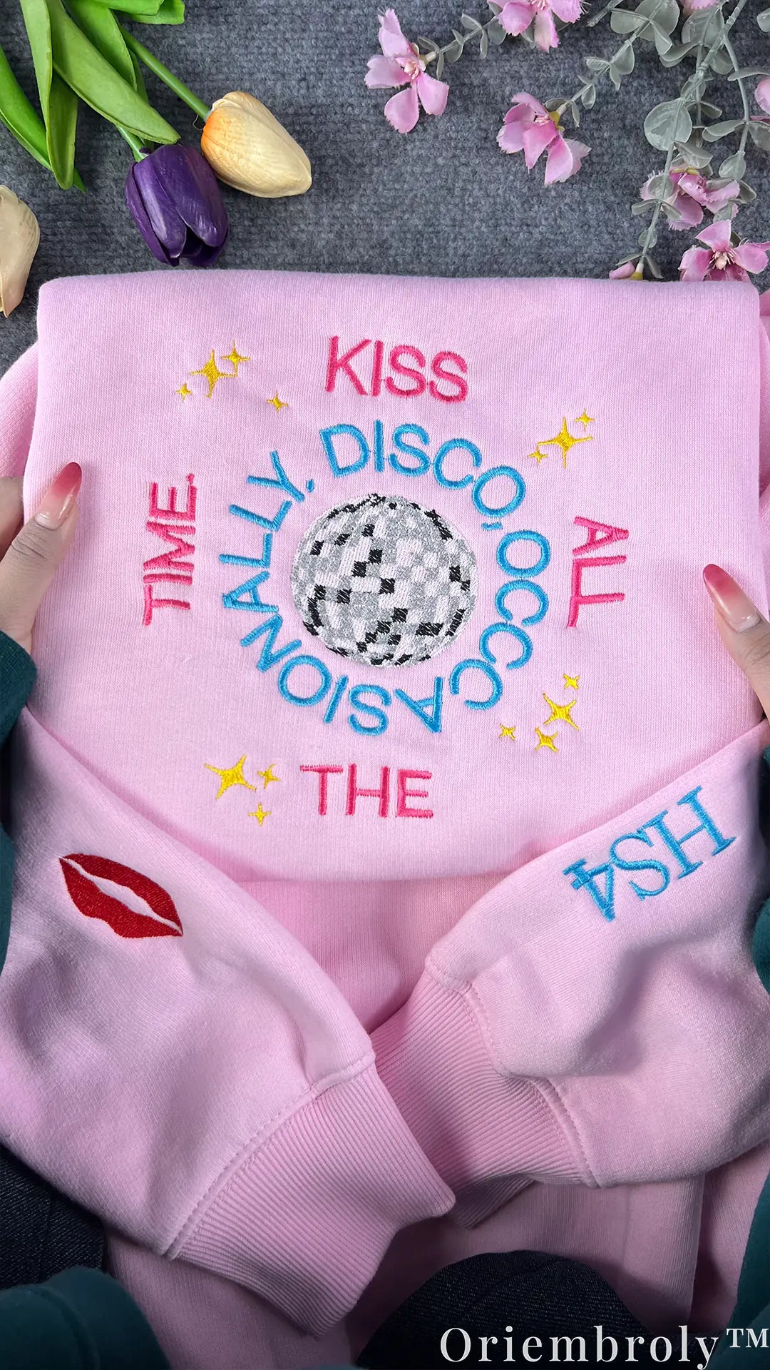Harry Styles HS4 Disco Ball Embroidered Sweatshirt – Pink Retro Preppy Crewneck