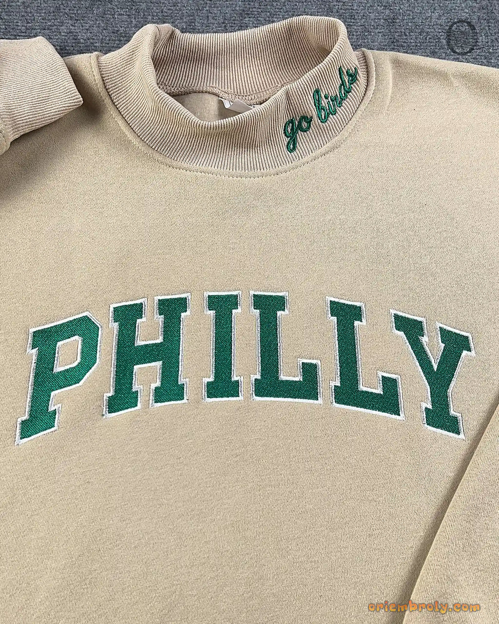 Philly Game Day Varsity Applique Embroidered Light Grey Mock Neck Sweatshirt