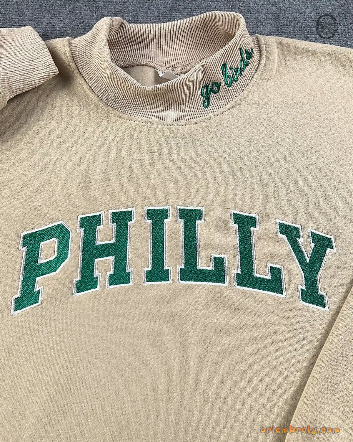 Philly Game Day Varsity Applique Embroidered Light Grey Mock Neck Sweatshirt