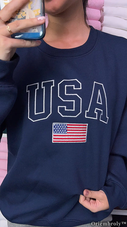 Patriotic USA Embroidered Hoodie - American Flag Varsity