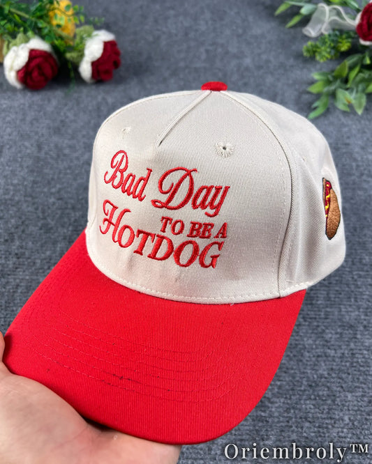 Bad Day to Be a Hotdog Embroidered Snapback Hat, Funny BBQ Cap, Grilling Gift for Dad, 4th of July Hat, Retro Two Tone Baseball Cap