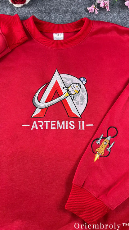 NASA Artemis II Embroidered Sweatshirt – Space Mission Crewneck, Red Pullover