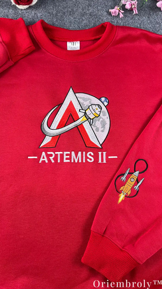 NASA Artemis II Embroidered Sweatshirt – Space Mission Crewneck, Red Pullover