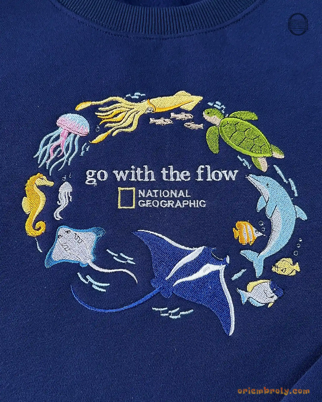 Go With The Flow Marine Life Sea Turtle Dolphin Embroidered Navy Sweatshirt