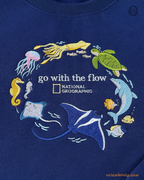 Go With The Flow Marine Life Sea Turtle Dolphin Embroidered Navy Sweatshirt