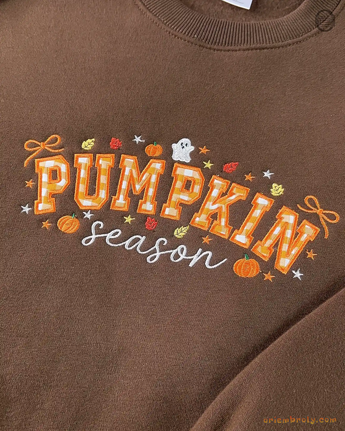Pumpkin Season Gingham Patchwork Embroidered Dark Brown Crewneck Sweatshirt