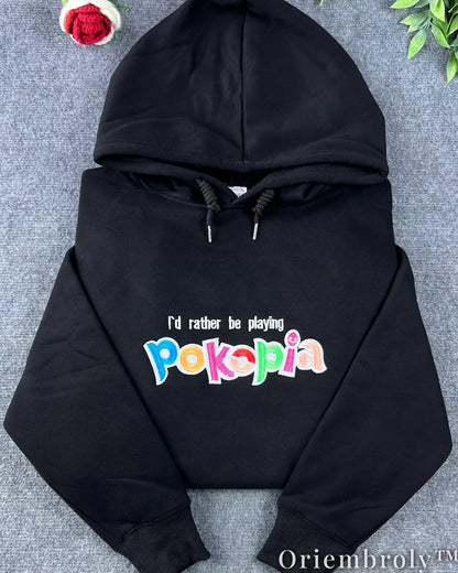 I’d Rather Be Playing Pokopia Embroidered Hoodie – Retro Gamer Y2K Streetwear Pullover