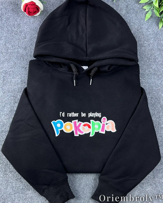 I’d Rather Be Playing Pokopia Embroidered Hoodie – Retro Gamer Y2K Streetwear Pullover