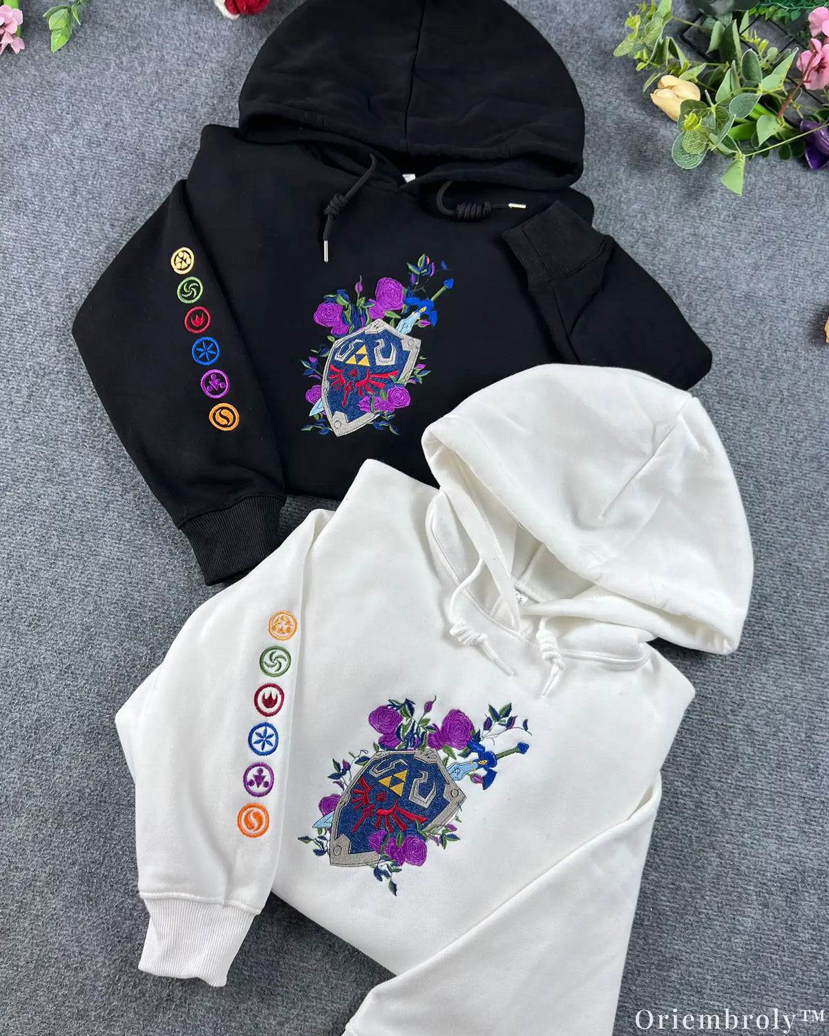 Fantasy Crest Floral Sword Embroidered Pullover Hoodie