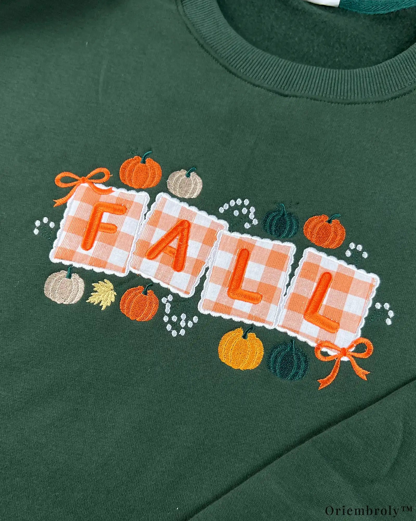 Fall Pumpkin Gingham Embroidered Crewneck Sweatshirt, Cozy Autumn Appliqué Design