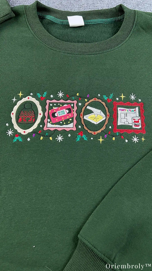 Retro Holiday Movie Night Christmas Icons Embroidered Crewneck Sweatshirt