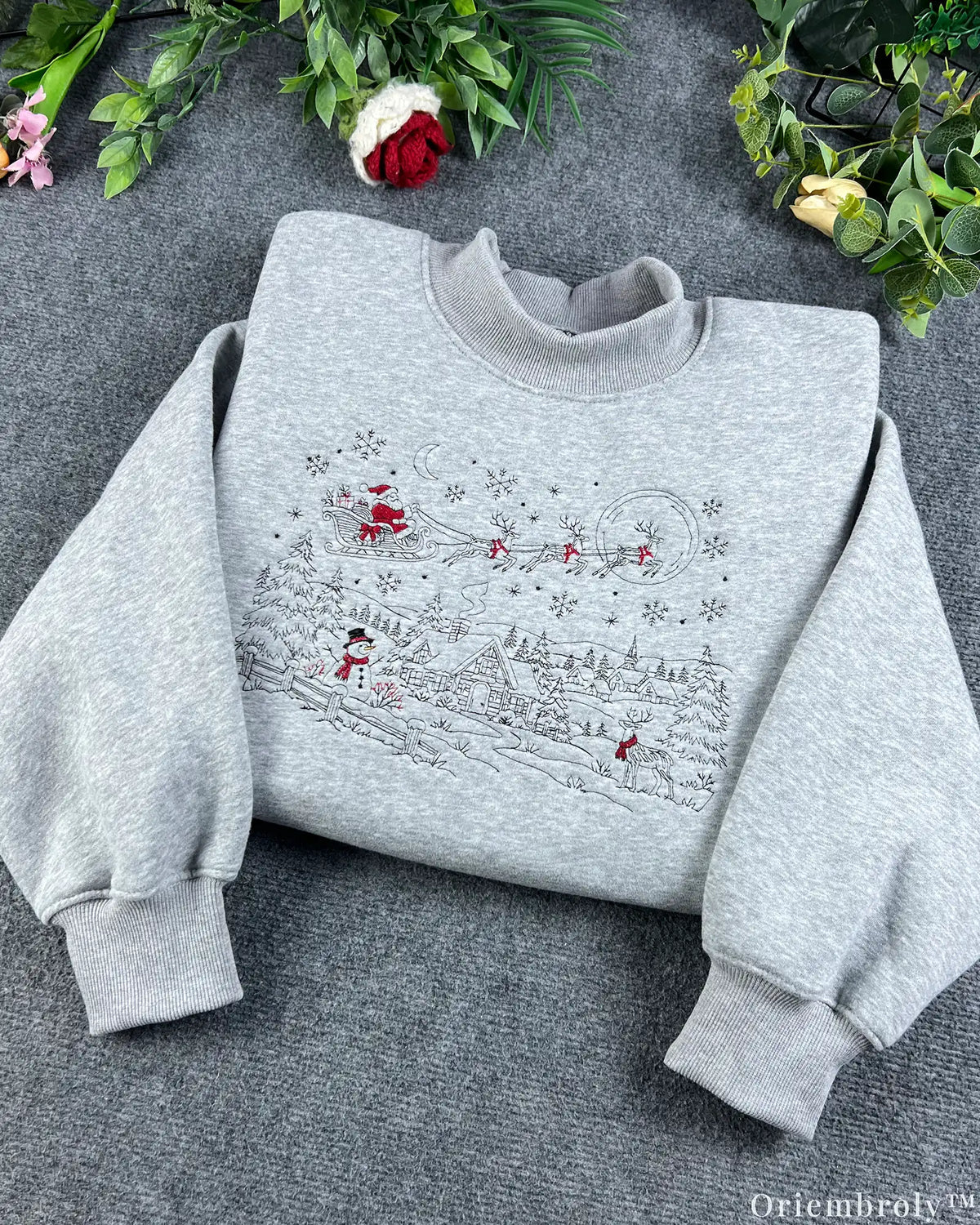 Vintage Christmas Winter Village Santa Sleigh Embroidered Mock-Neck Sweatshirt