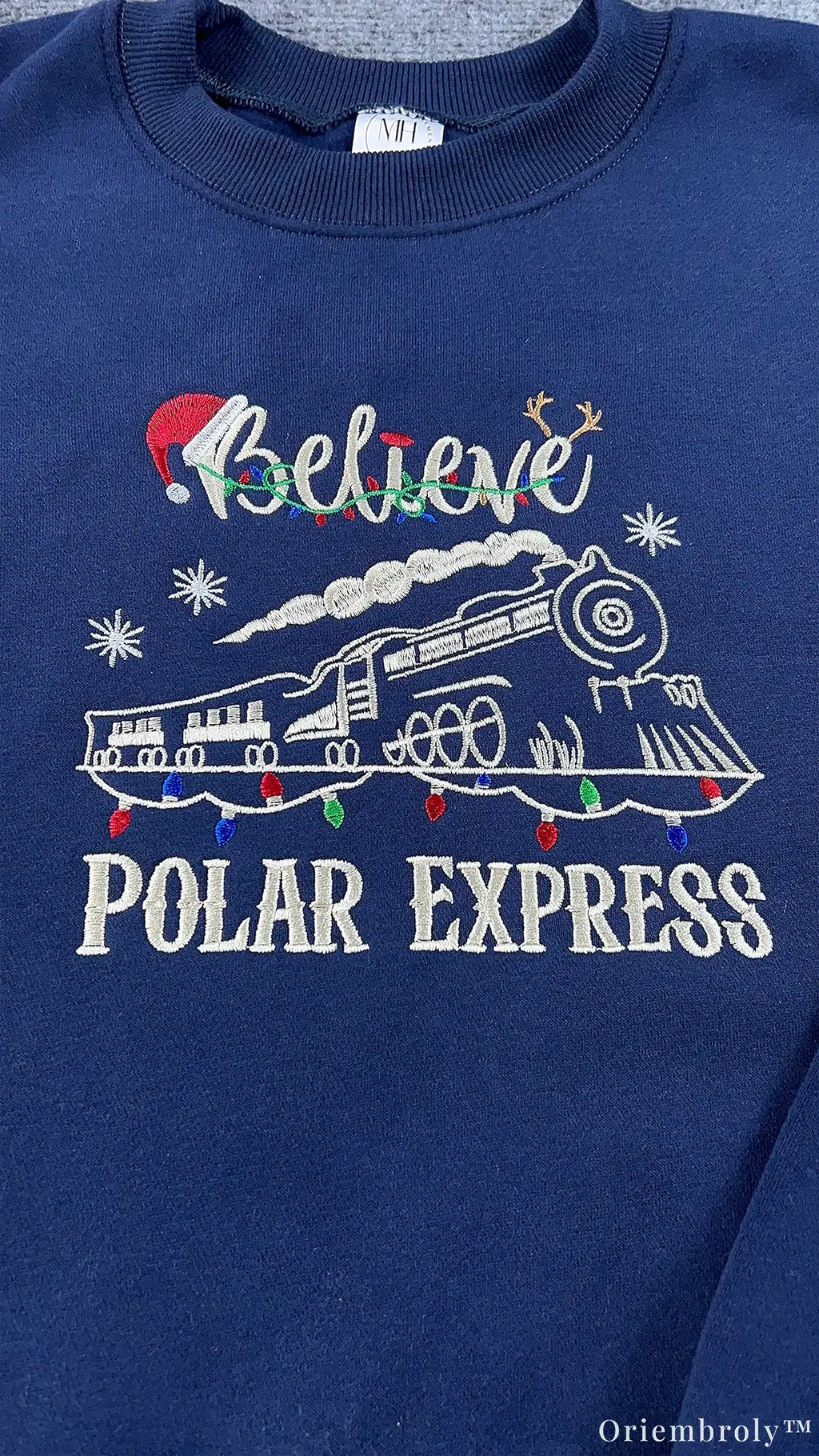Believe Holiday Christmas Steam Train Lights Embroidered Navy Sweatshirt