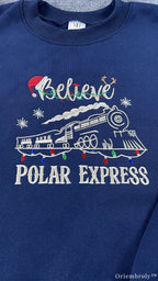 Believe Holiday Christmas Steam Train Lights Embroidered Navy Sweatshirt