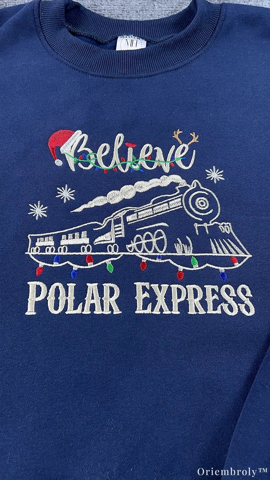 Believe Holiday Christmas Steam Train Lights Embroidered Navy Sweatshirt