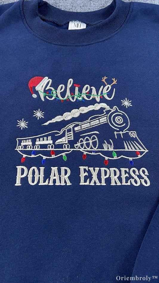 Believe Holiday Christmas Steam Train Lights Embroidered Navy Sweatshirt