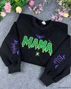 Spooky Dripping Mama Lime Green Glitter Embroidered Black Crewneck Sweatshirt