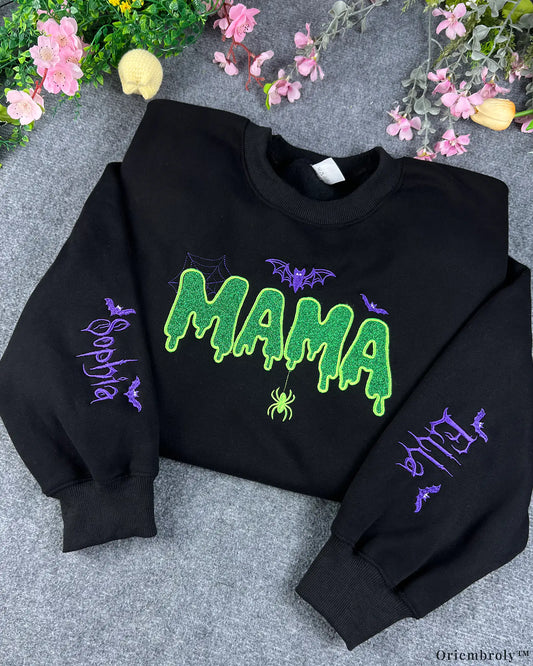 Spooky Dripping Mama Lime Green Glitter Embroidered Black Crewneck Sweatshirt