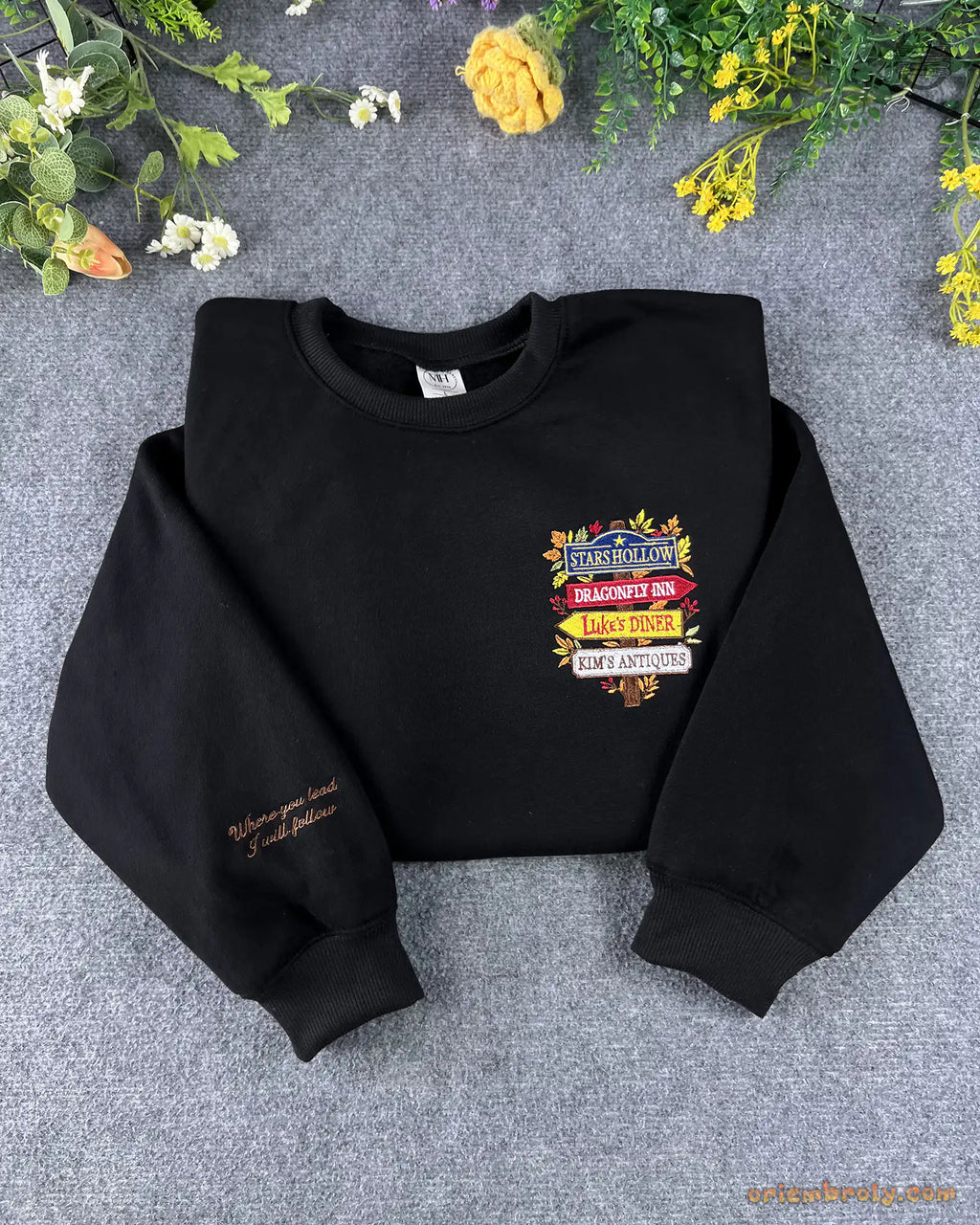 Stars Hollow Directional Signpost Embroidered Red and Black Crewneck Sweatshirt