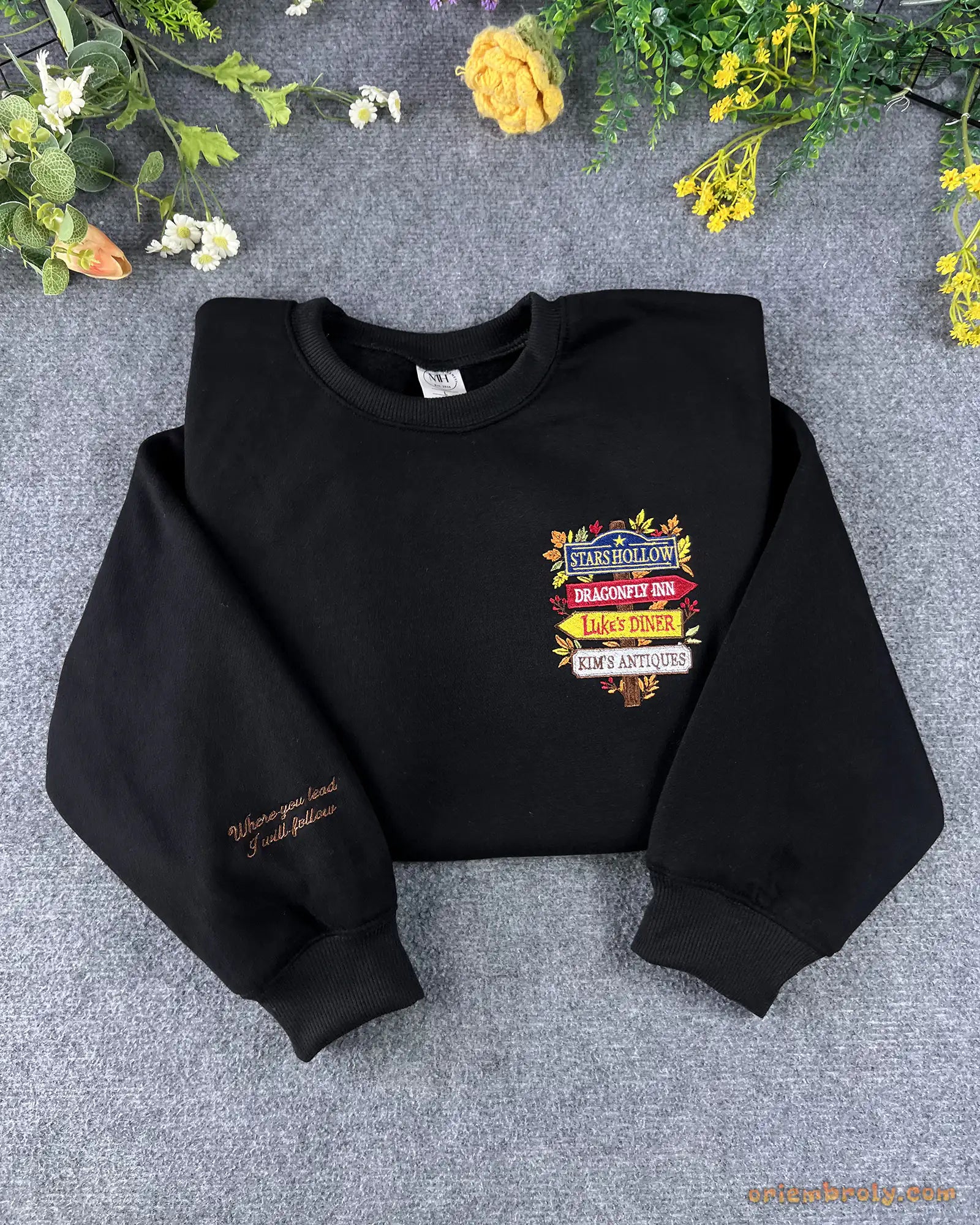 Stars Hollow Directional Signpost Embroidered Red and Black Crewneck Sweatshirt