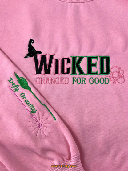 Wicked Duo Embroidered Sweatshirt – Elphaba or Glinda Design, Initial Sleeve Embroidery, Broadway Fan Gift