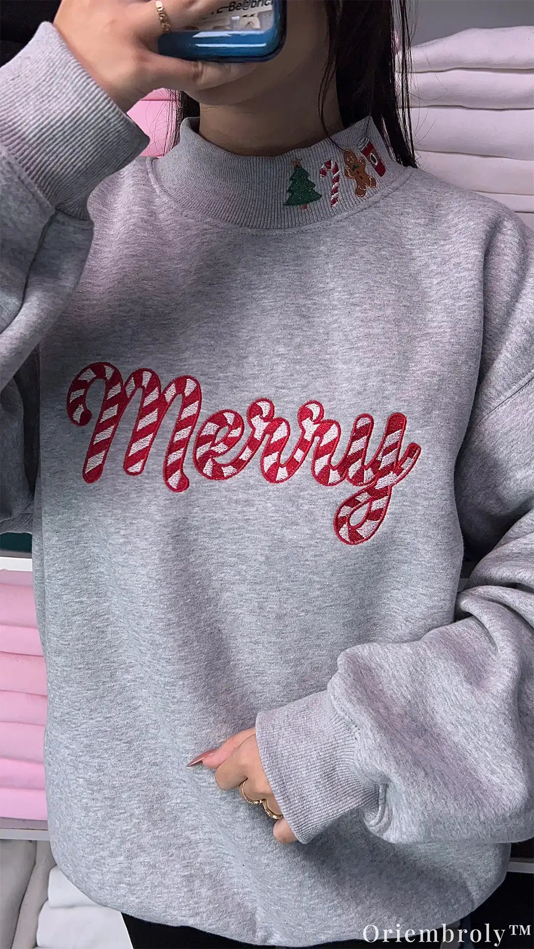 Merry Candy Cane Striped Holiday Mock-Neck Sweatshirt