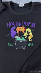 Witch Sisters Magic Cauldron Hair Embroidered Black Crewneck Sweatshirt