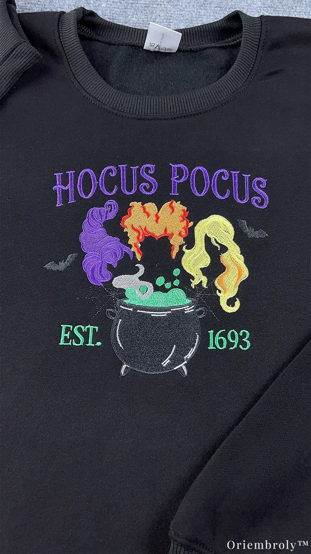 Witch Sisters Magic Cauldron Hair Embroidered Black Crewneck Sweatshirt