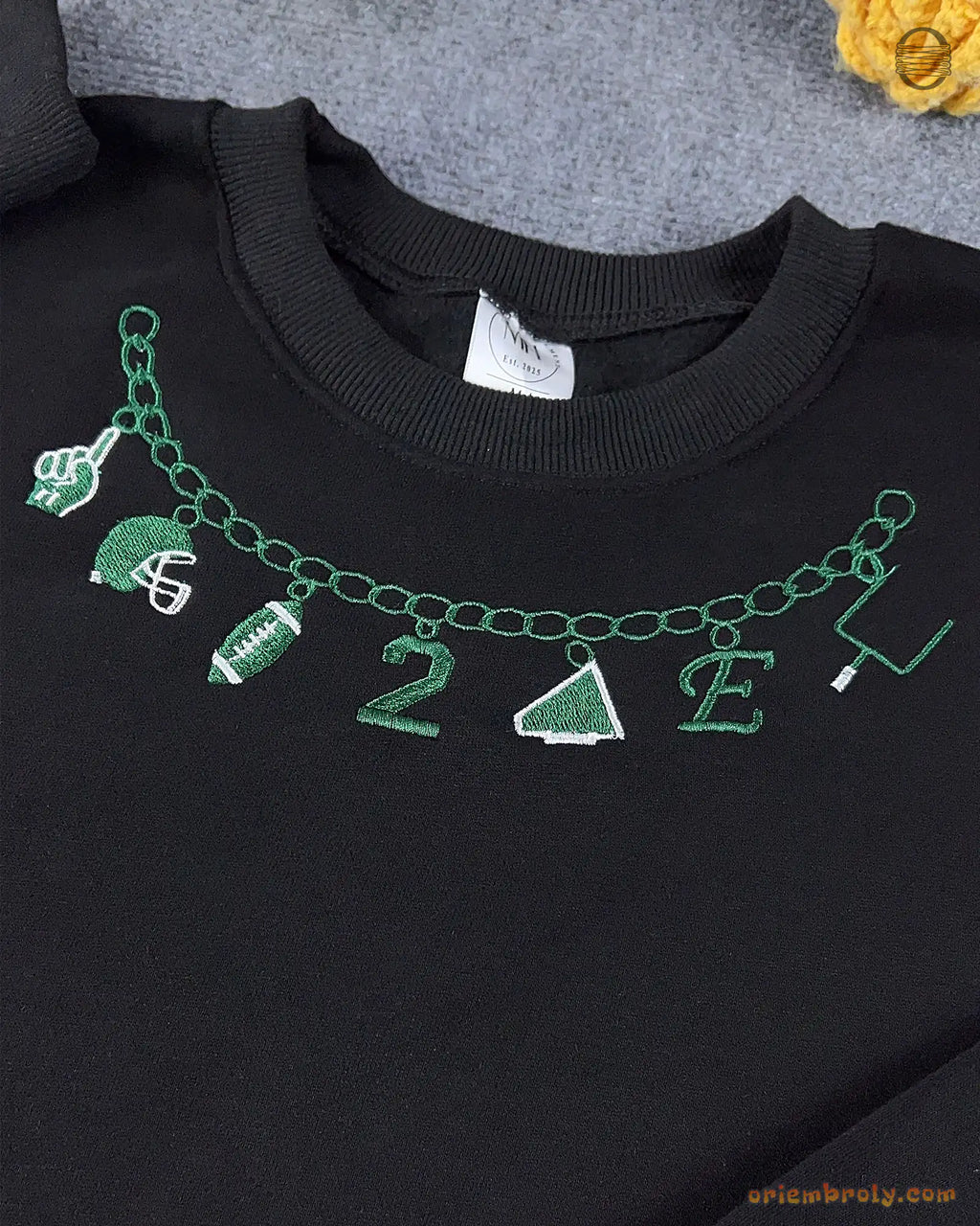 Sports Charm Necklace Draped Embroidered Solid Black Crewneck Sweatshirt