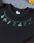Sports Charm Necklace Draped Embroidered Solid Black Crewneck Sweatshirt