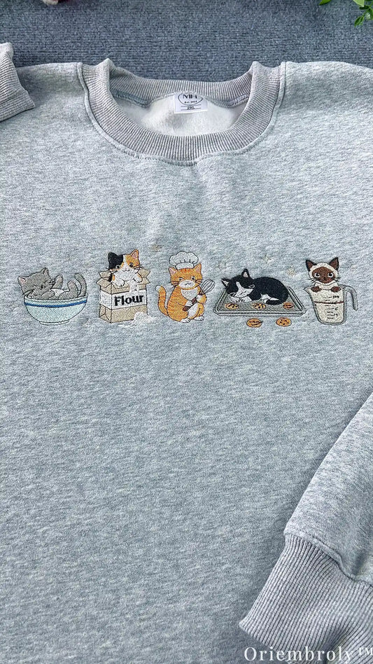 Baking Cats Culinary Ingredients Embroidered Crewneck Sweatshirt