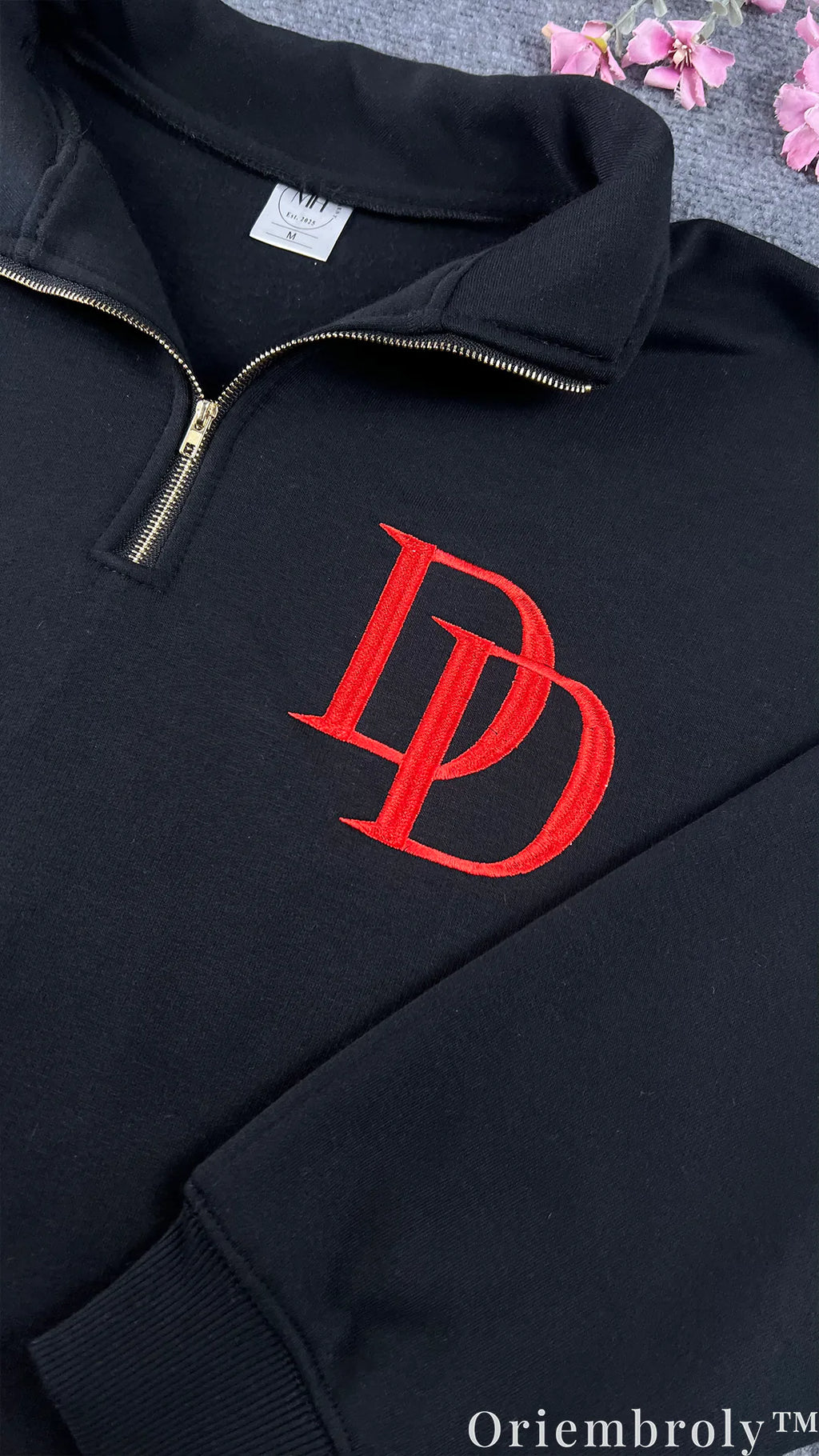 Daredevil DD Logo Embroidered Quarter Zip Pullover – Black Minimalist Marvel Sweatshirt