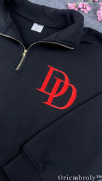 Daredevil DD Logo Embroidered Quarter Zip Pullover – Black Minimalist Marvel Sweatshirt