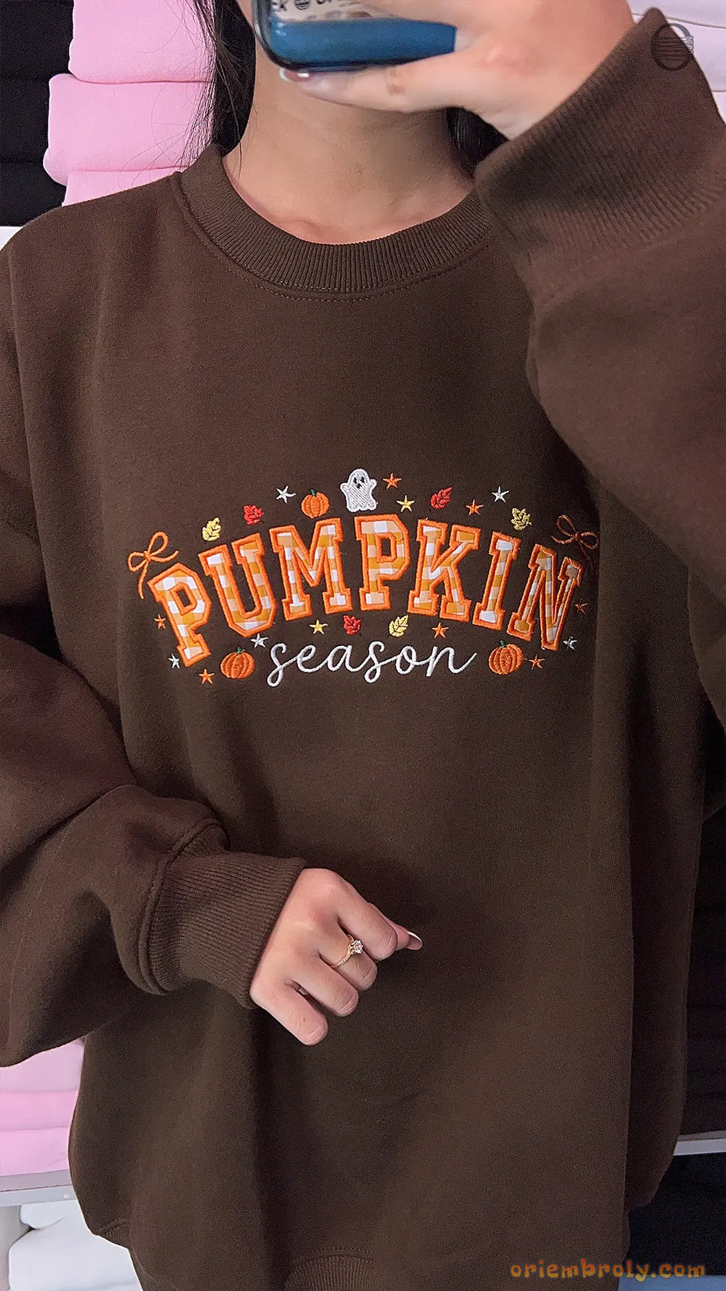 Pumpkin Season Gingham Patchwork Embroidered Dark Brown Crewneck Sweatshirt