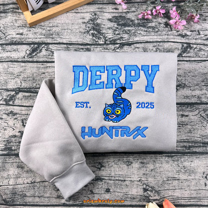 Derpy Huntrx Embroidered Sweatshirt, Derpy Cat Sweater EST. 2025, Funny Embroidery Unisex Pullover