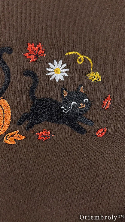 Spooky Season Black Cat Embroidered Sweatshirt – Cozy Fall Crewneck