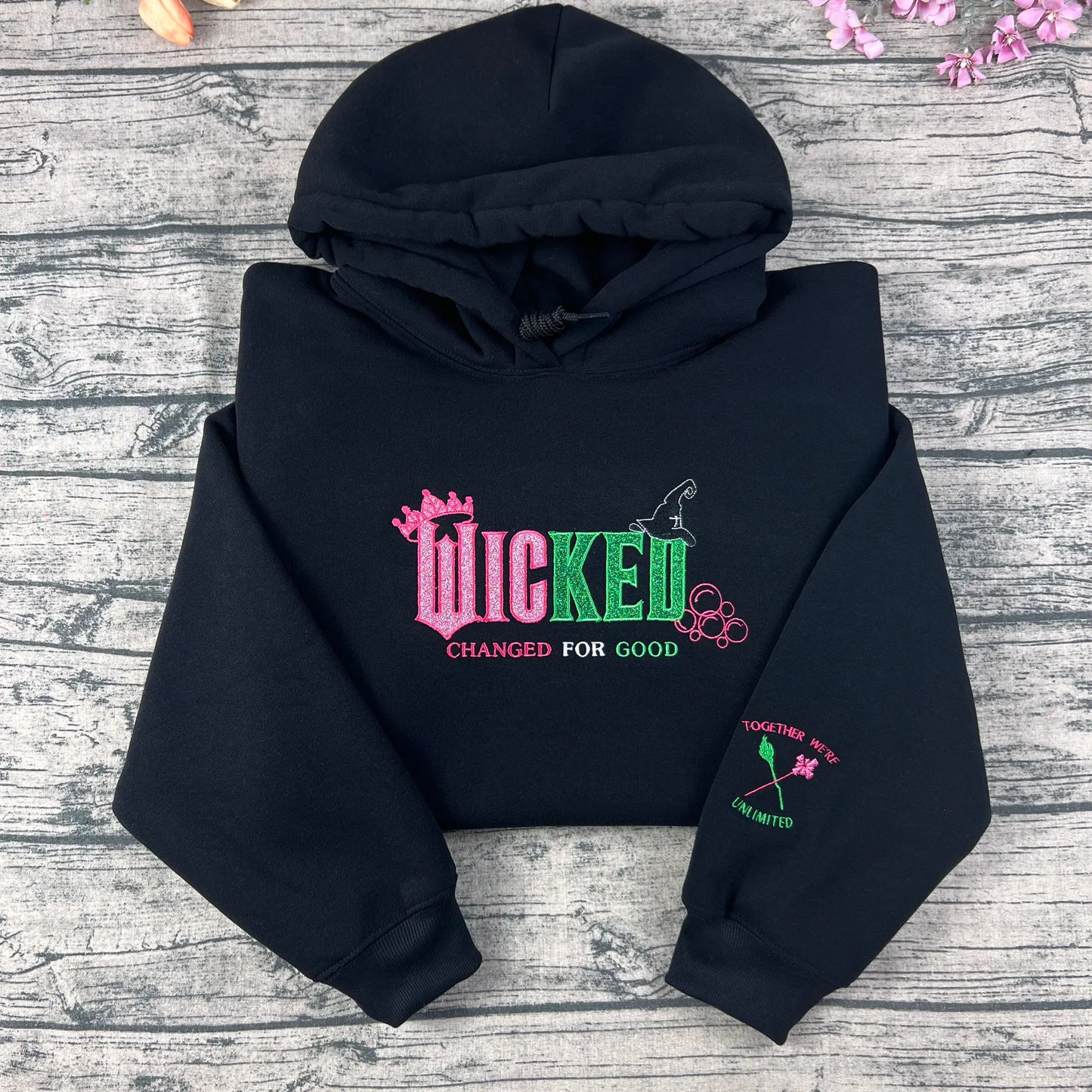 Wicked Changed For Good Embroidered Sweatshirt – Pink & Green Musical Hoodie, Elphaba and Glinda Halloween Gift