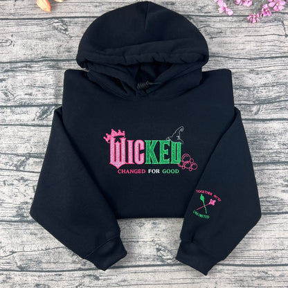 Wicked Changed For Good Embroidered Sweatshirt – Pink & Green Musical Hoodie, Elphaba and Glinda Halloween Gift