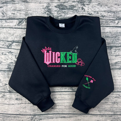 Wicked Changed For Good Embroidered Sweatshirt – Pink & Green Musical Hoodie, Elphaba and Glinda Halloween Gift
